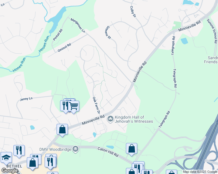 map of restaurants, bars, coffee shops, grocery stores, and more near 13205 Mountain Ash Court in Woodbridge