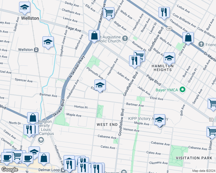 map of restaurants, bars, coffee shops, grocery stores, and more near 5887 Plymouth Avenue in St. Louis
