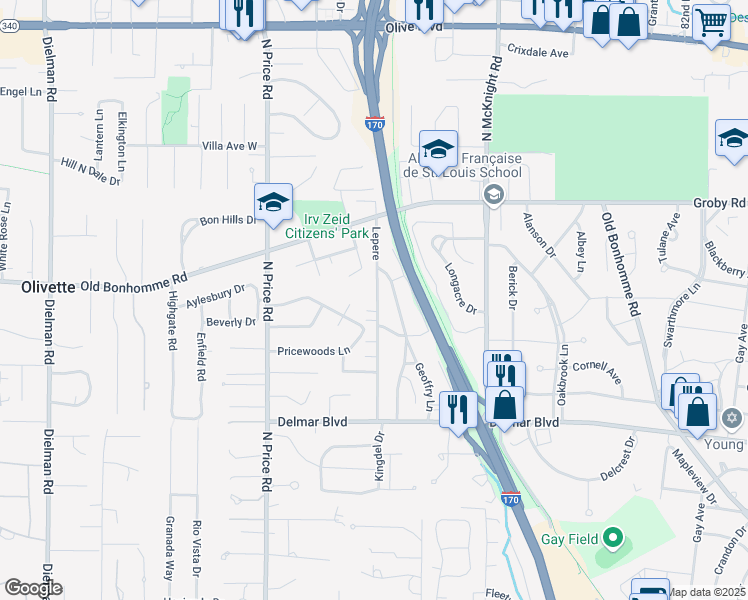 map of restaurants, bars, coffee shops, grocery stores, and more near 753 West Canterbury Road in St. Louis