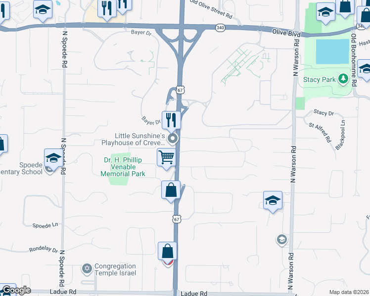 map of restaurants, bars, coffee shops, grocery stores, and more near 33 Tealwood Drive in St. Louis