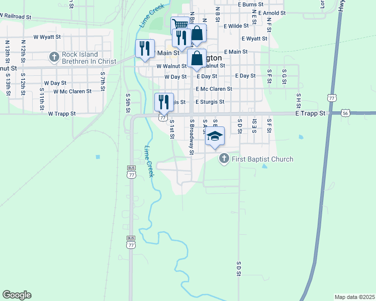 map of restaurants, bars, coffee shops, grocery stores, and more near 602 South Broadway Street in Herington