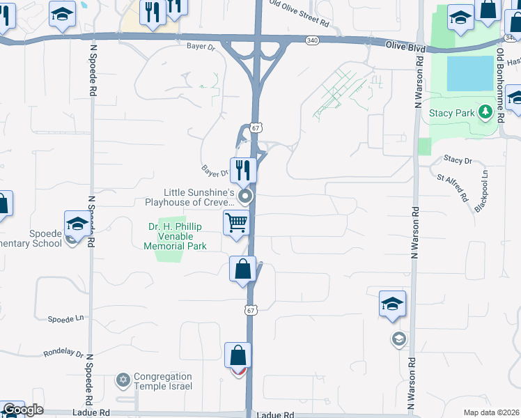 map of restaurants, bars, coffee shops, grocery stores, and more near 33 Tealwood Drive in St. Louis