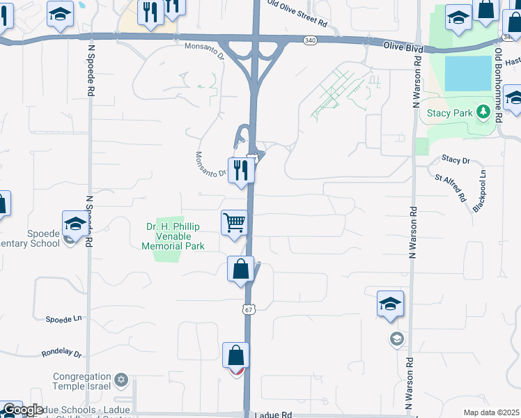 map of restaurants, bars, coffee shops, grocery stores, and more near 33 Tealwood Drive in St. Louis