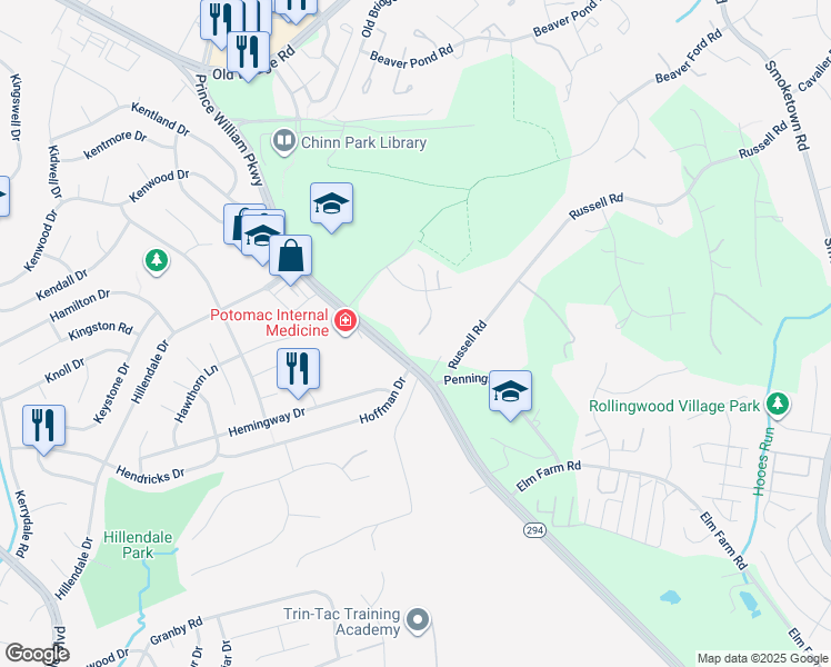 map of restaurants, bars, coffee shops, grocery stores, and more near 13270 Fallen Leaf Court in Woodbridge