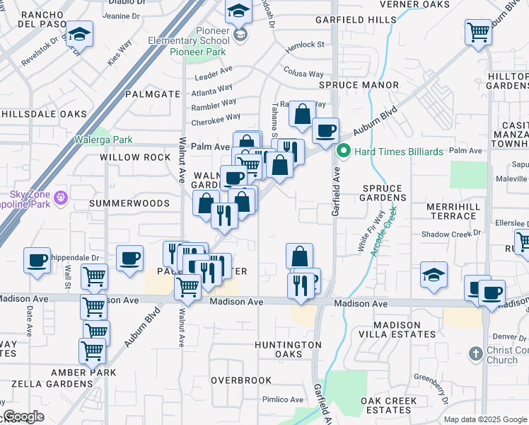 map of restaurants, bars, coffee shops, grocery stores, and more near 5324 Hemlock Street in Sacramento
