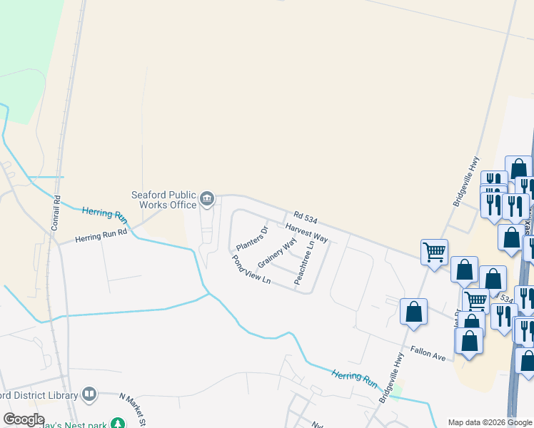map of restaurants, bars, coffee shops, grocery stores, and more near 110 Pond View Lane in Seaford