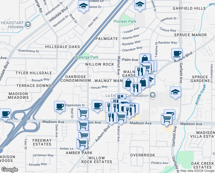 map of restaurants, bars, coffee shops, grocery stores, and more near 5032 Springfield Way in Sacramento
