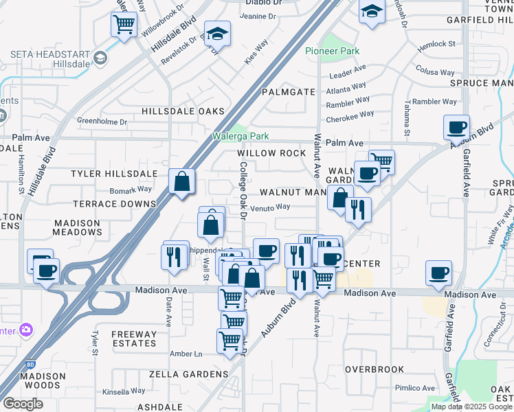 map of restaurants, bars, coffee shops, grocery stores, and more near 4906 Springfield Way in Sacramento