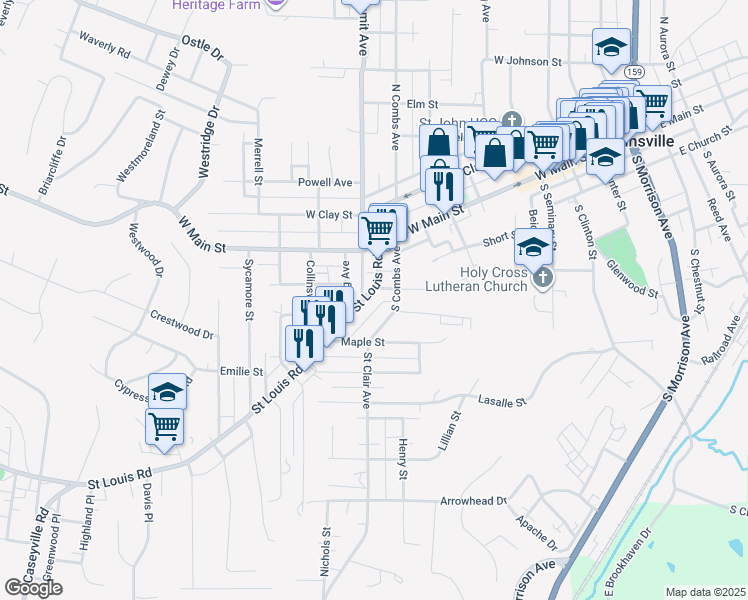 map of restaurants, bars, coffee shops, grocery stores, and more near 128 Saint Louis Road in Collinsville