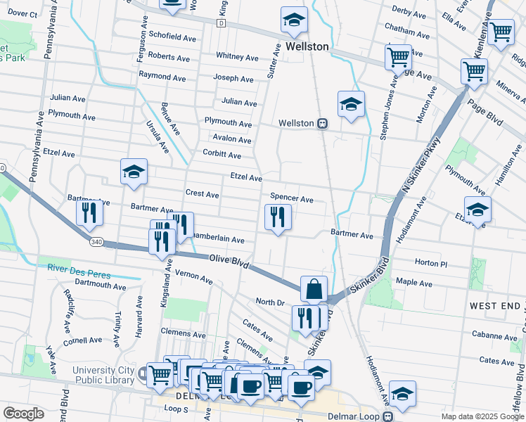 map of restaurants, bars, coffee shops, grocery stores, and more near 6442 Spencer Avenue in St. Louis