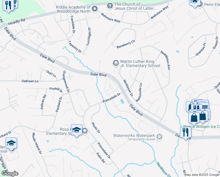 map of restaurants, bars, coffee shops, grocery stores, and more near 13362 Princedale Drive in Woodbridge