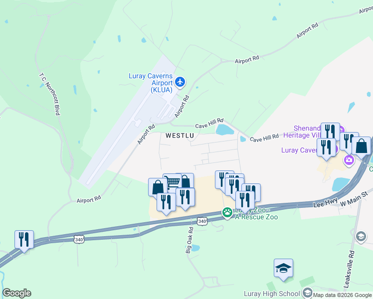 map of restaurants, bars, coffee shops, grocery stores, and more near 327 Baker Drive in Luray