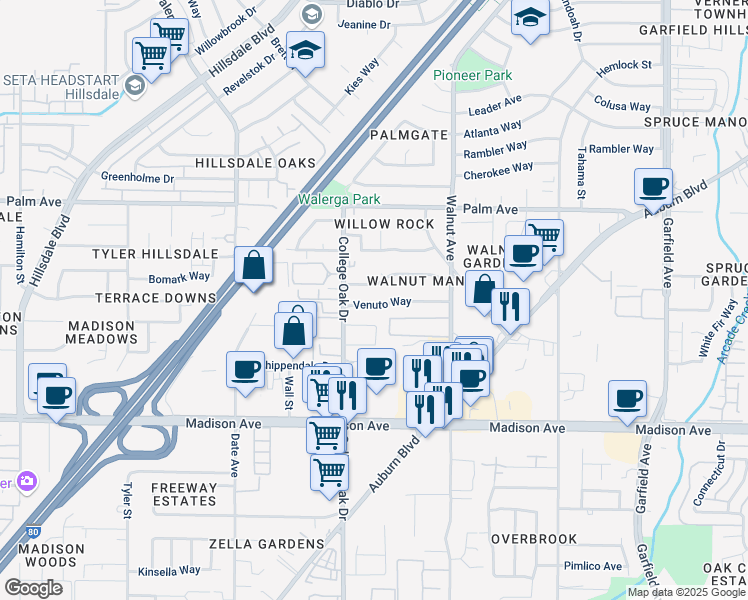 map of restaurants, bars, coffee shops, grocery stores, and more near 4917 Venuto Way in Sacramento