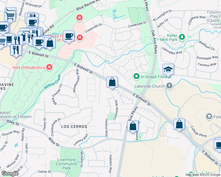 map of restaurants, bars, coffee shops, grocery stores, and more near 755 Winscombe Court in Folsom