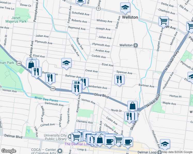 map of restaurants, bars, coffee shops, grocery stores, and more near 6603 Bartmer Avenue in St. Louis