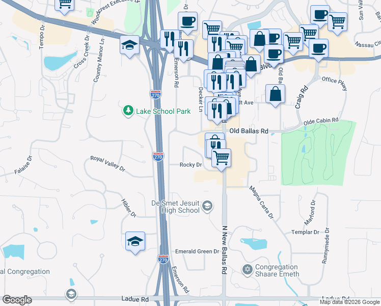 map of restaurants, bars, coffee shops, grocery stores, and more near 11955 Randy Drive in Creve Coeur