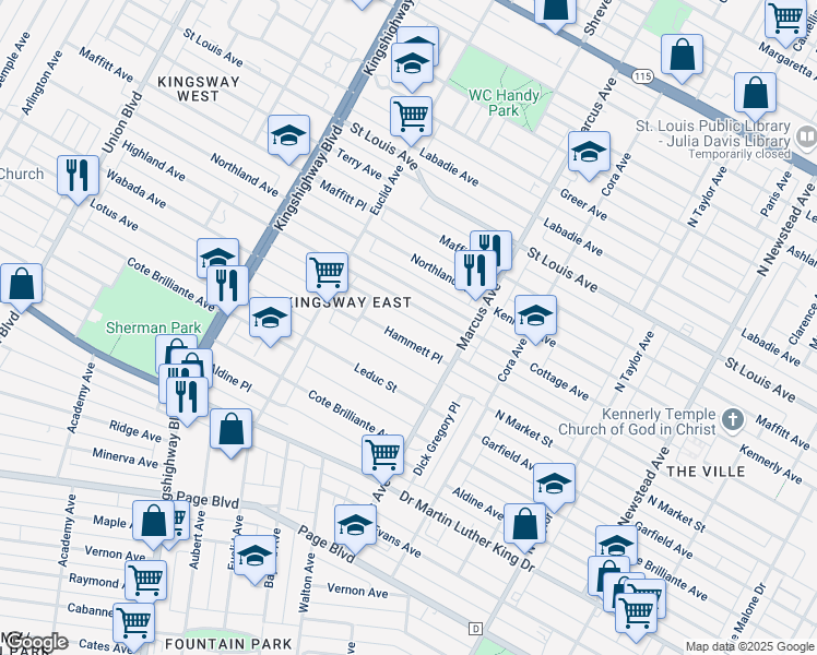 map of restaurants, bars, coffee shops, grocery stores, and more near 4754 Highland Avenue in St. Louis