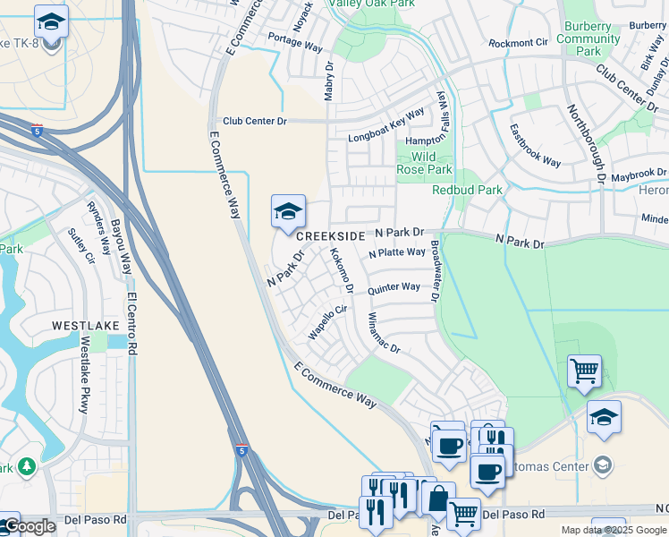 map of restaurants, bars, coffee shops, grocery stores, and more near 3301 North Park Drive in Sacramento