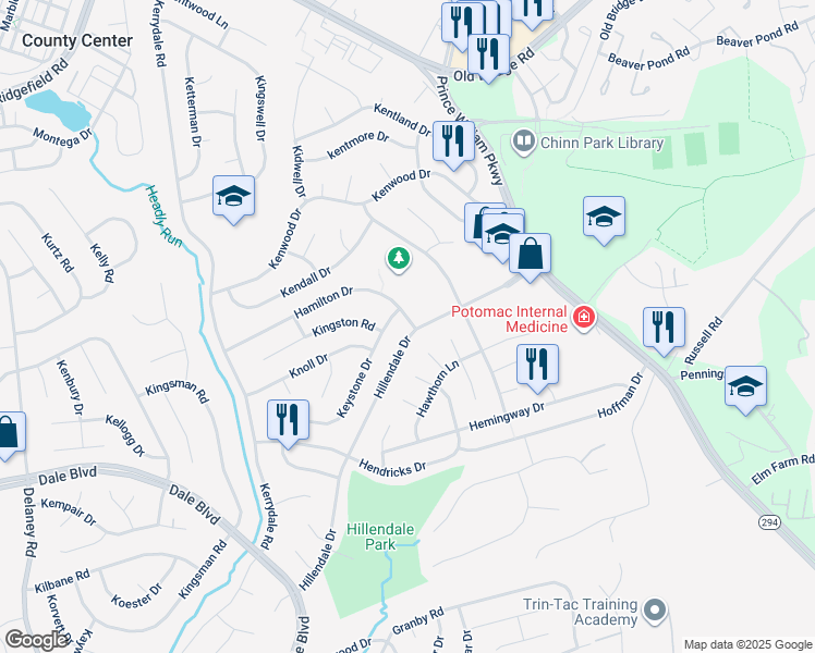 map of restaurants, bars, coffee shops, grocery stores, and more near 4401 Hamilton Drive in Woodbridge