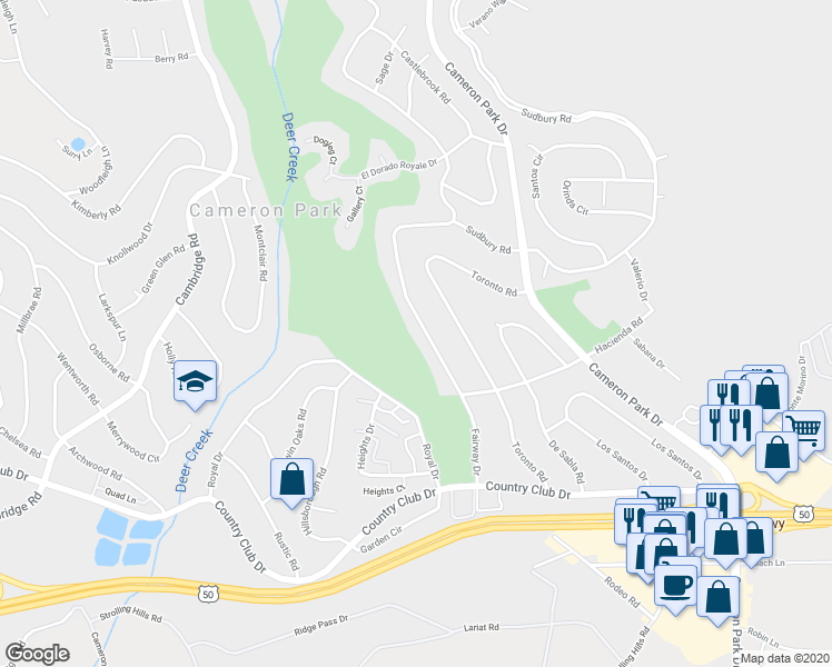 map of restaurants, bars, coffee shops, grocery stores, and more near 3820 Fairway Drive in Cameron Park