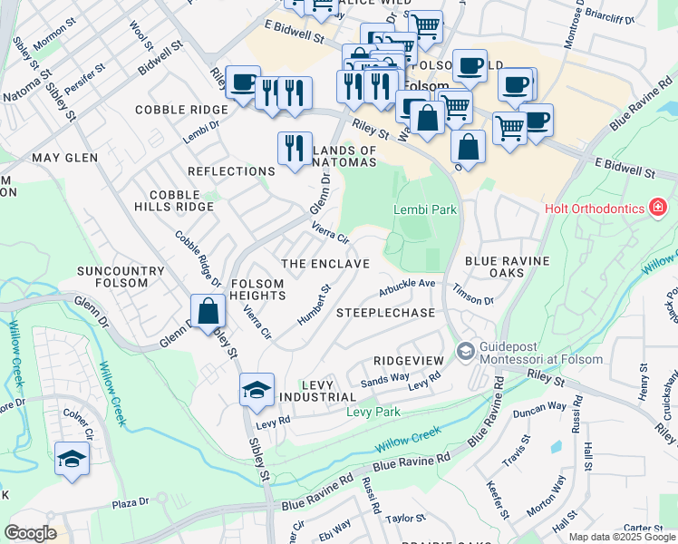 map of restaurants, bars, coffee shops, grocery stores, and more near in Folsom