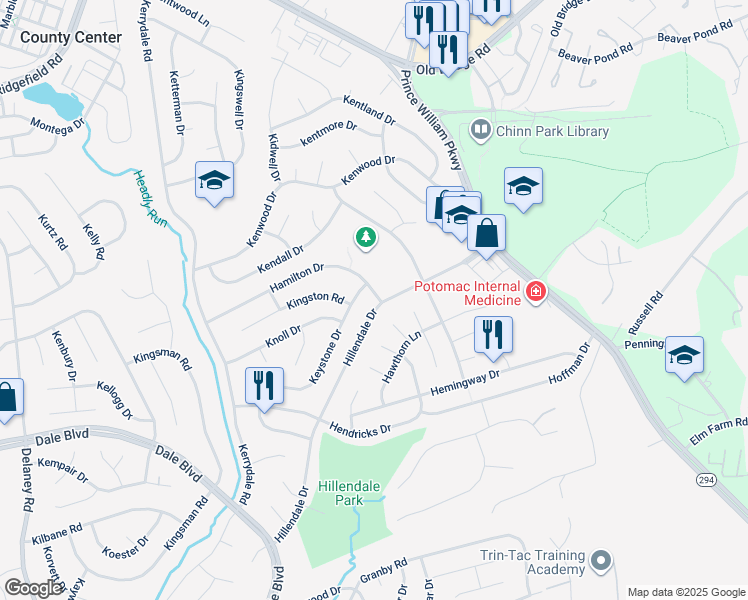 map of restaurants, bars, coffee shops, grocery stores, and more near 4401 Hamilton Drive in Woodbridge