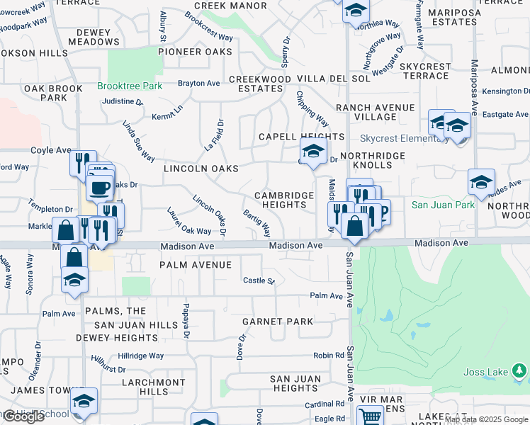 map of restaurants, bars, coffee shops, grocery stores, and more near 7205 Linda Sue Way in Citrus Heights