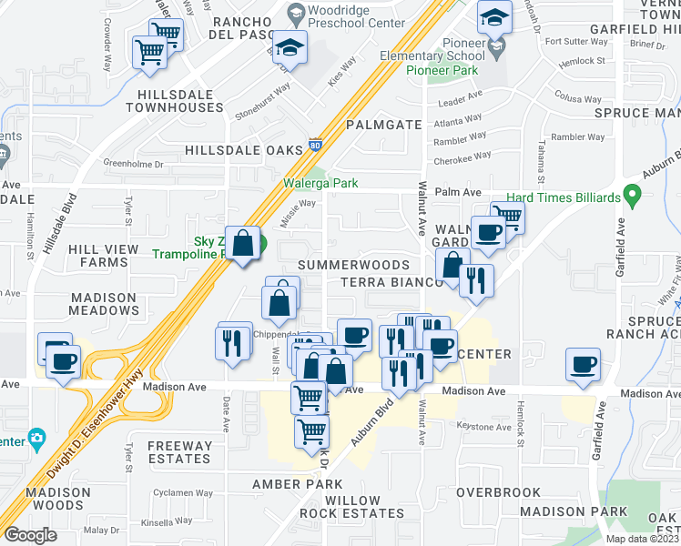 map of restaurants, bars, coffee shops, grocery stores, and more near 4909 Venuto Way in Sacramento