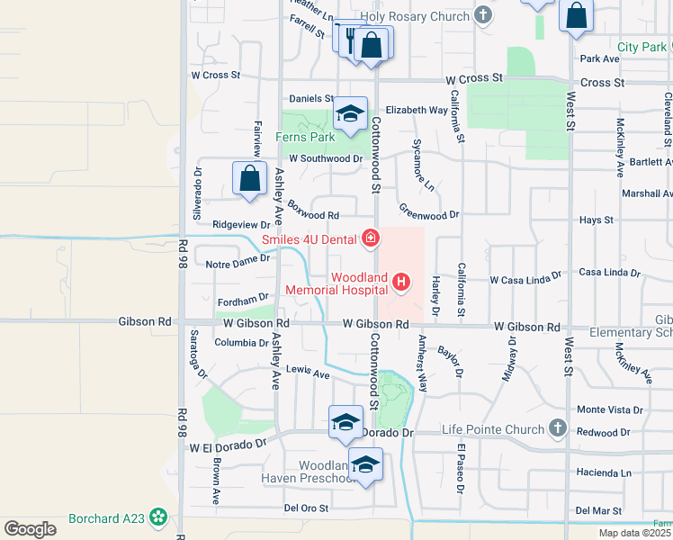 map of restaurants, bars, coffee shops, grocery stores, and more near 1231 Gary Way in Woodland