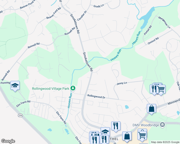 map of restaurants, bars, coffee shops, grocery stores, and more near 13300 Smoketown Road in Woodbridge
