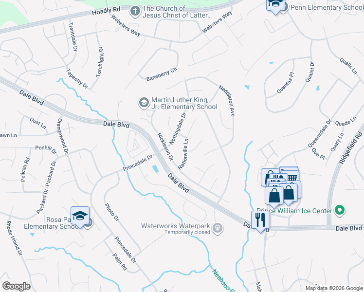 map of restaurants, bars, coffee shops, grocery stores, and more near 13390 Nationville Lane in Woodbridge