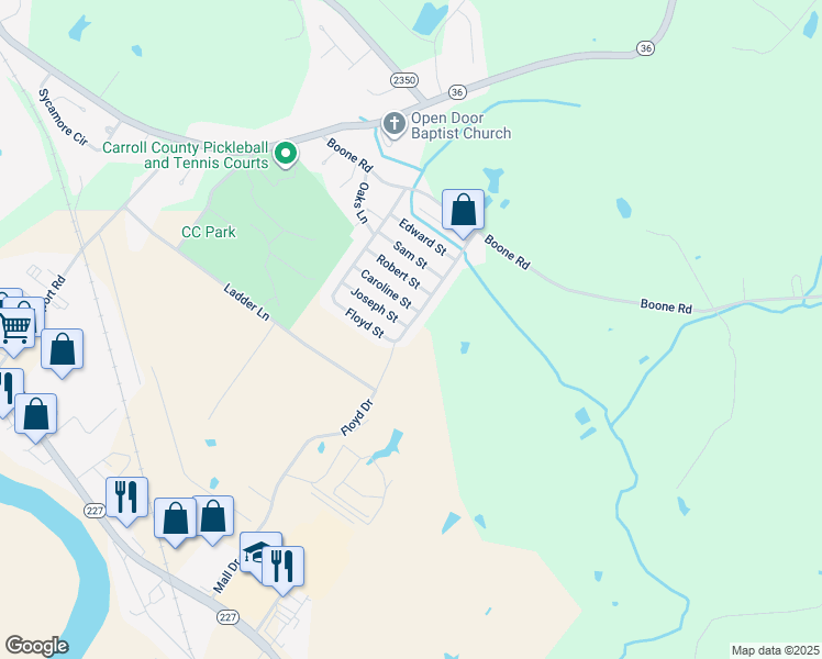 map of restaurants, bars, coffee shops, grocery stores, and more near 192 Floyd Street in Carrollton
