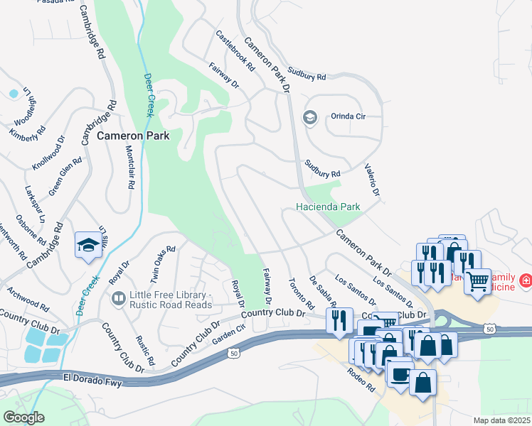 map of restaurants, bars, coffee shops, grocery stores, and more near 3805 Toronto Road in Cameron Park