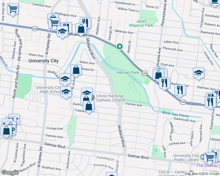 map of restaurants, bars, coffee shops, grocery stores, and more near 7200 Shaftesbury Avenue in University City
