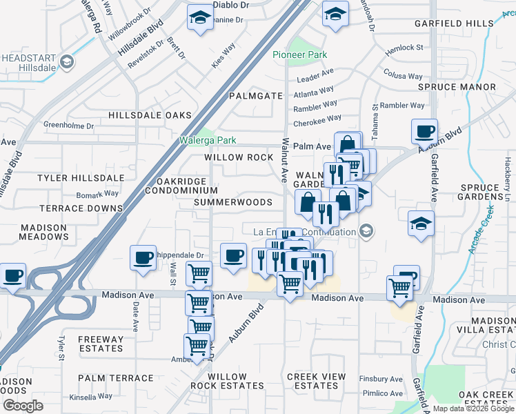 map of restaurants, bars, coffee shops, grocery stores, and more near 5011 Venuto Way in Sacramento
