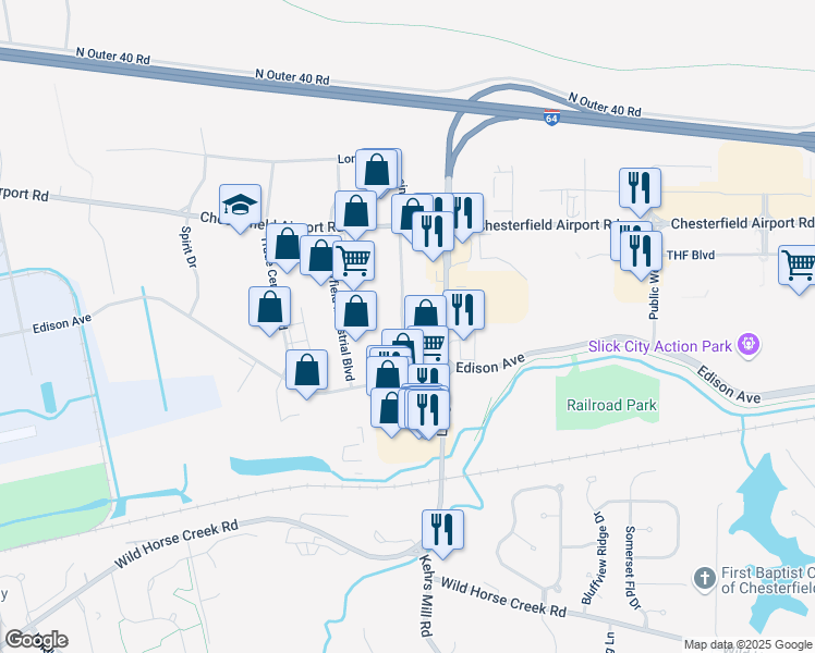 map of restaurants, bars, coffee shops, grocery stores, and more near 270 Chesterfield Business Parkway in Chesterfield