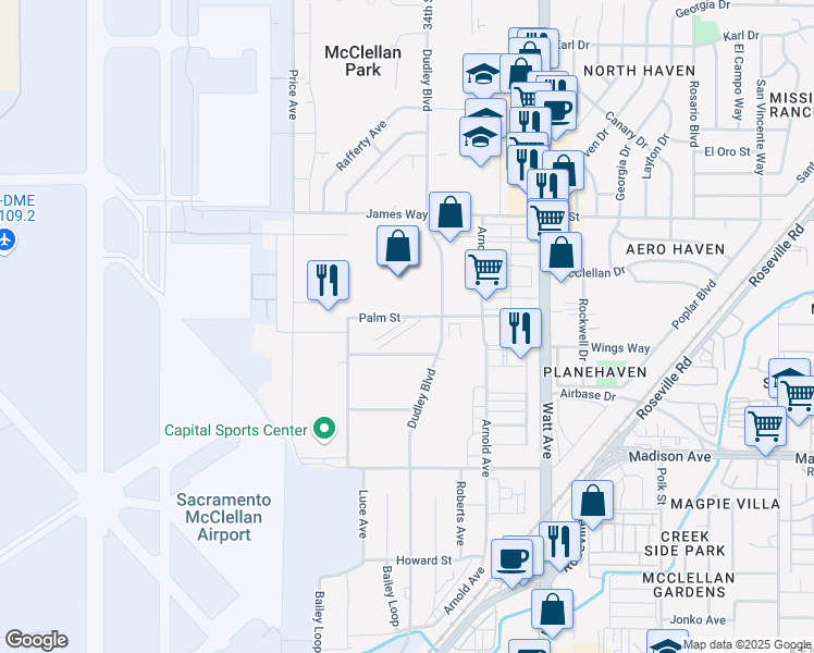 map of restaurants, bars, coffee shops, grocery stores, and more near 3216 Palm Street in McClellan Park