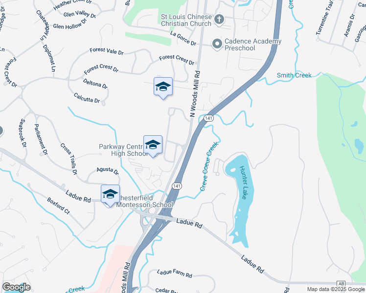 map of restaurants, bars, coffee shops, grocery stores, and more near 369 North Woods Mill Road in Chesterfield