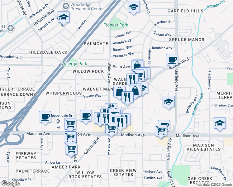 map of restaurants, bars, coffee shops, grocery stores, and more near 5437 Kohler Road. in Sacramento