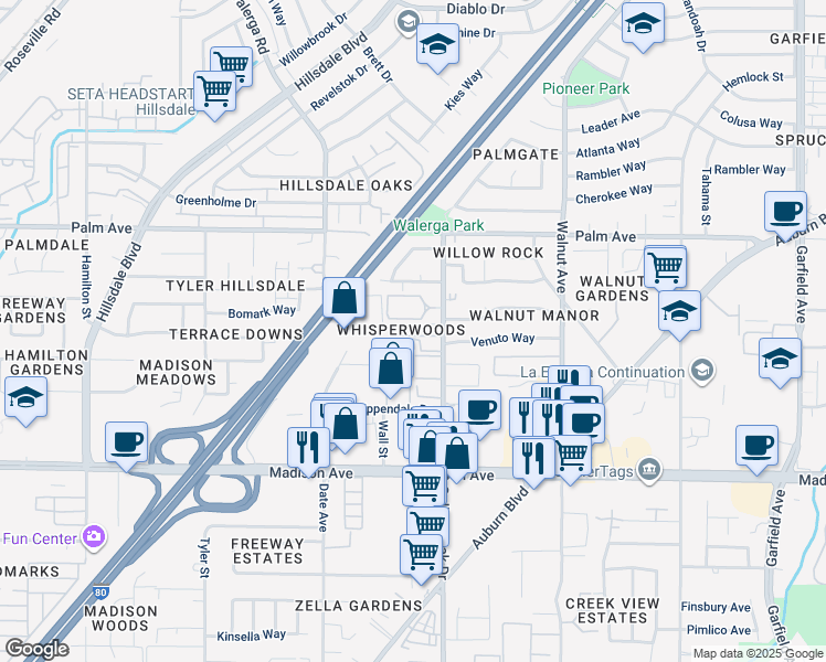 map of restaurants, bars, coffee shops, grocery stores, and more near 5429 College Oak Drive in Sacramento