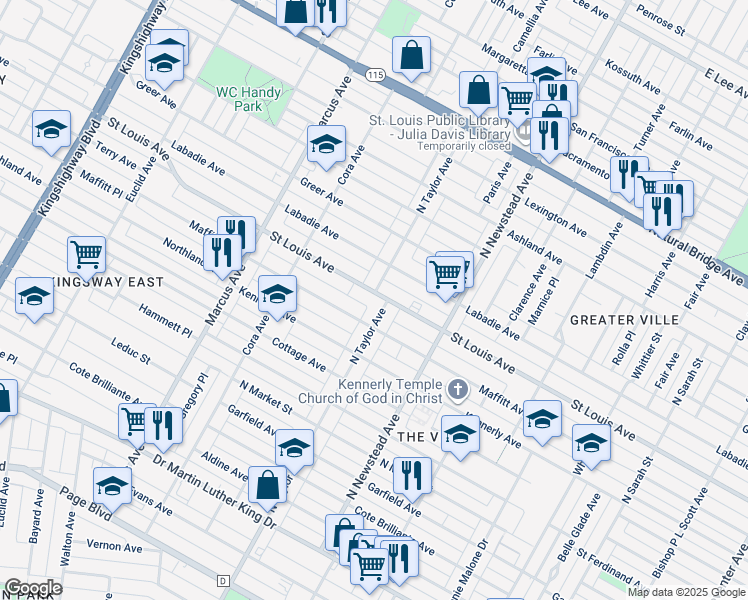 map of restaurants, bars, coffee shops, grocery stores, and more near 2900 North Taylor Avenue in St. Louis