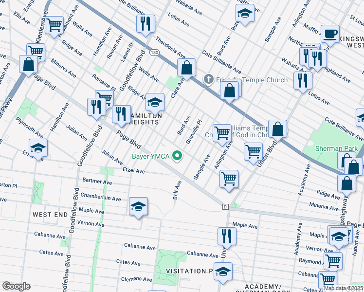 map of restaurants, bars, coffee shops, grocery stores, and more near 1371 Granville Place in St. Louis