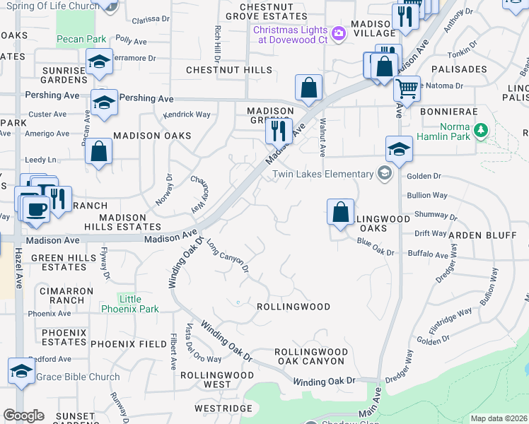 map of restaurants, bars, coffee shops, grocery stores, and more near in Orangevale