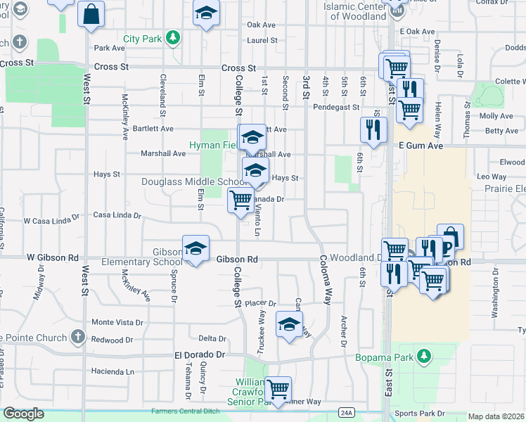 map of restaurants, bars, coffee shops, grocery stores, and more near 1302 Fremont Street in Woodland