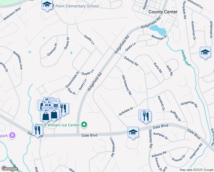 map of restaurants, bars, coffee shops, grocery stores, and more near 5038 Quinlan Drive in Woodbridge