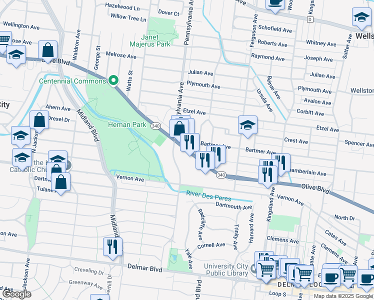 map of restaurants, bars, coffee shops, grocery stores, and more near 6953 Olive Boulevard in University City