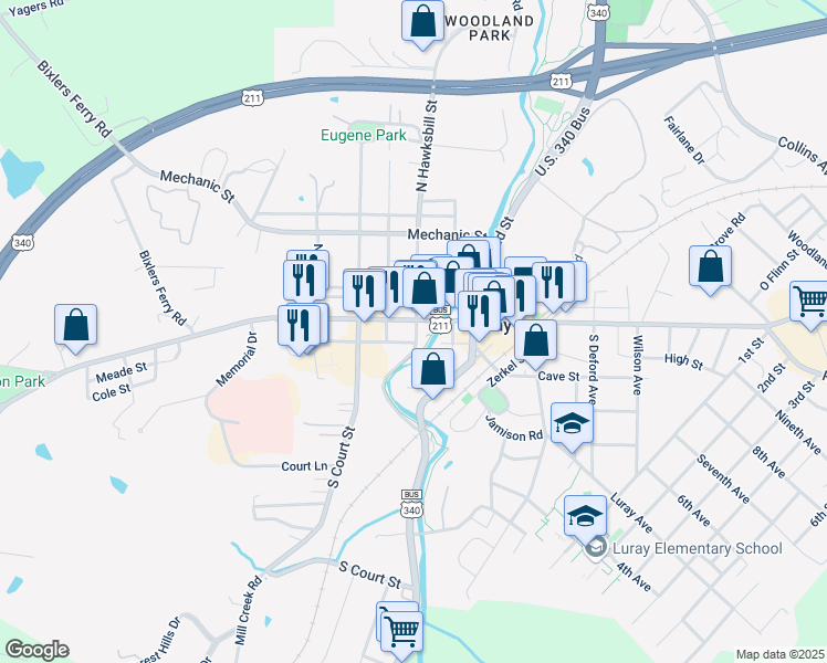 map of restaurants, bars, coffee shops, grocery stores, and more near 9 South Hawksbill Street in Luray