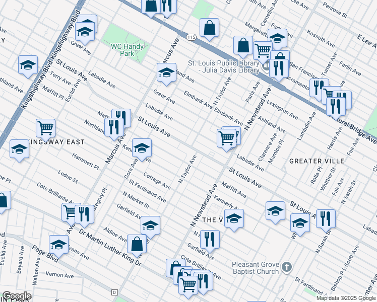 map of restaurants, bars, coffee shops, grocery stores, and more near 2900 North Taylor Avenue in St. Louis
