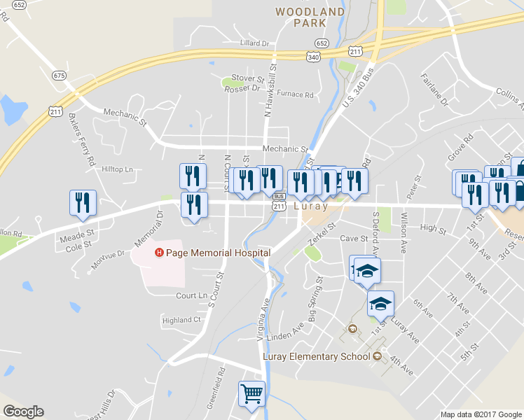 map of restaurants, bars, coffee shops, grocery stores, and more near 9 South Hawksbill Street in Luray