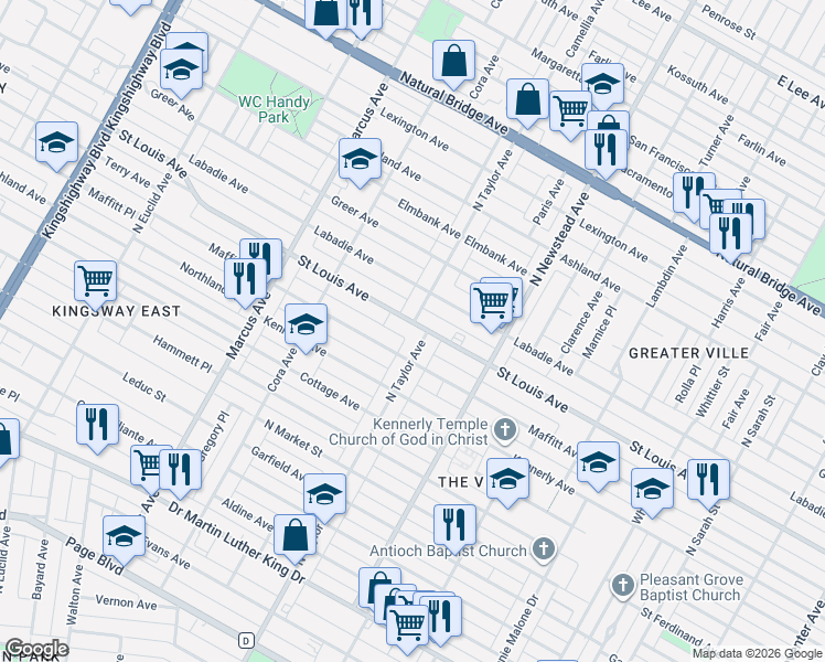 map of restaurants, bars, coffee shops, grocery stores, and more near 2900 North Taylor Avenue in St. Louis